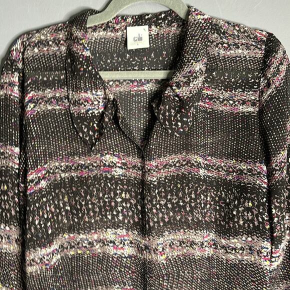 Cabi Black and Pink Semi Sheer Long Sleeve Button Front Blouse Size Large - Picture 2 of 9